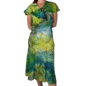 Antique 1940s Hand Dyed Cotton Eyelet Dress Blue Green Ice Dye Ruffle Rosettes